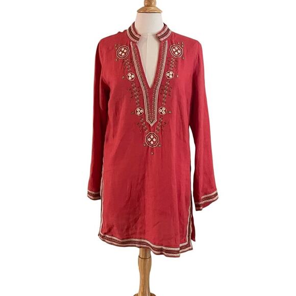 VTG Old Navy Red Linen Long Sleeve Boho Embroidered V-Neck Tunic/Cover-Up Size L - Picture 1 of 14